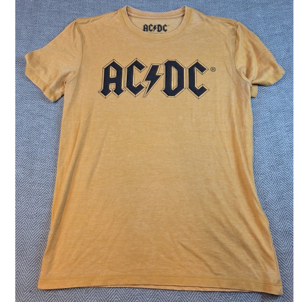Lucky Brand AC/DC Graphic Tee Mustard Yellow Short Sleeve Rock Band Shirt Small